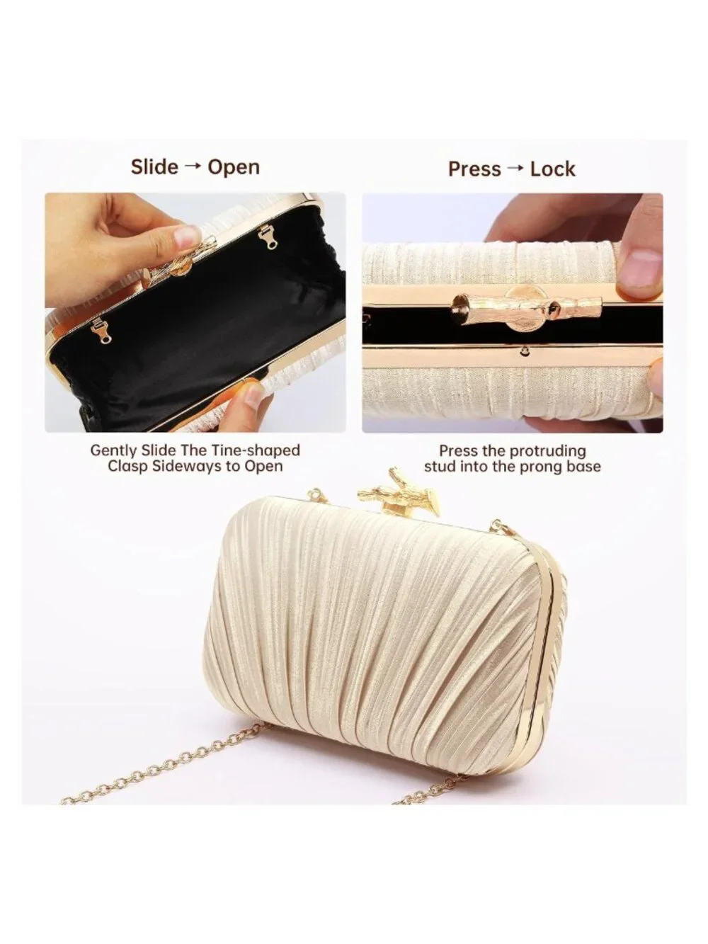 Pleated Satin Evening Clutch with Chain for Prom Wedding Party Formal